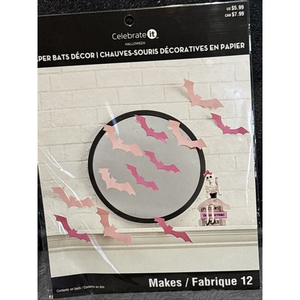 SET of 3 Celebrate It Light Medium Pink Paper Bats Decor Halloween 36 Bats NWT